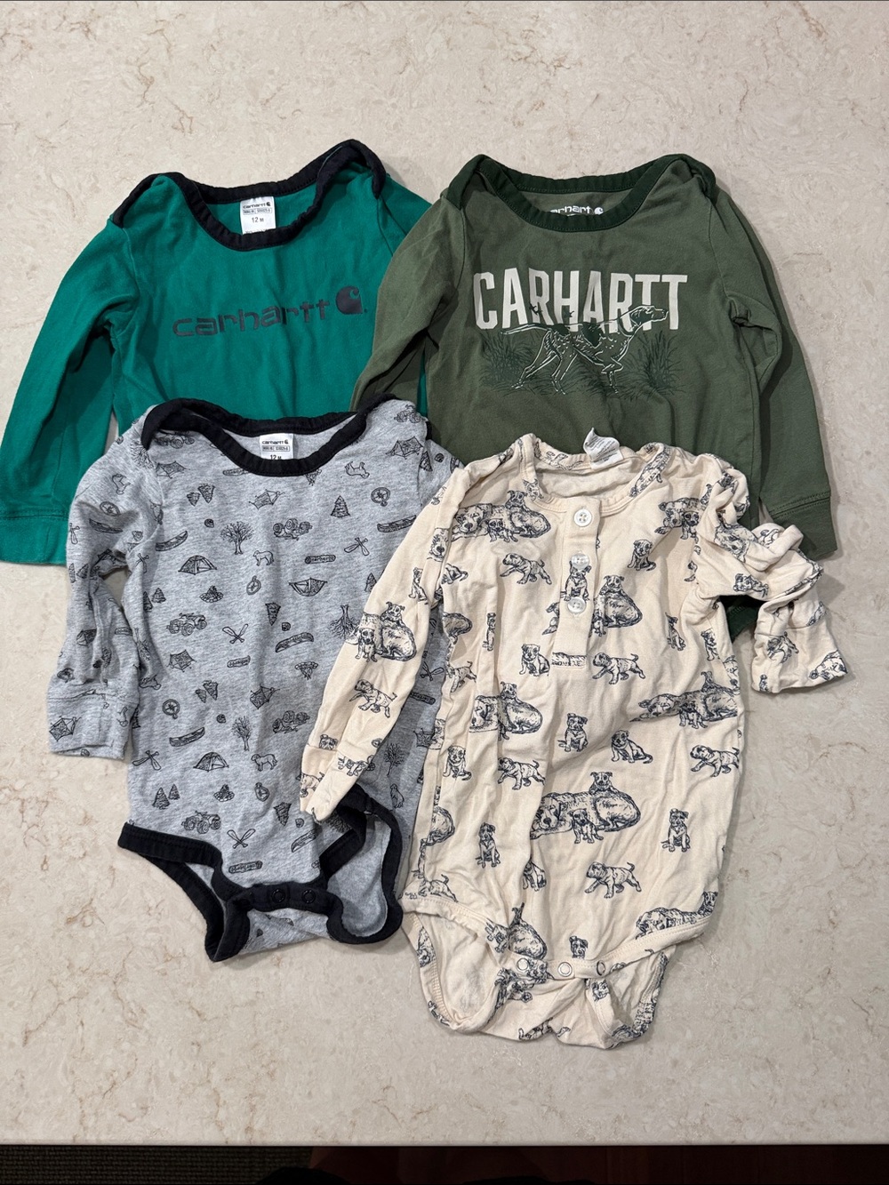 3-Carhartt & 1-Kate Quinn boys Long-Sleeve Bodysuits -Pack of 4 for $20 like new